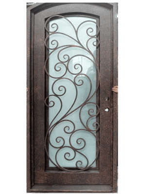 Single wrought iron door EL996 MCD with scrollwork and frosted glass, hand-forged for security and timeless elegance.