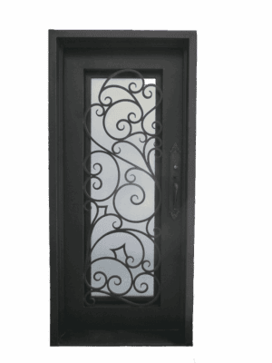 Single wrought iron door EL1037 MCD with vertical scrolls and glass, handcrafted for strength, elegance, and security.