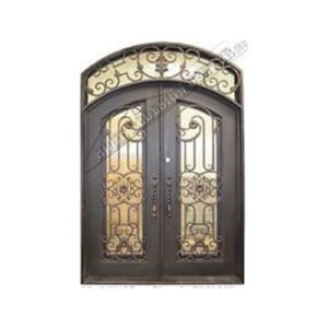 Double arched wrought iron door EL1089 MCD with ornate scrollwork and gold accents, handcrafted for elegance and durability.