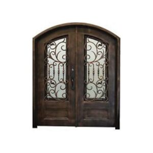 Double arched wrought iron door EL1091 MCD with rustic scrollwork and glass, handcrafted for strength and elegance.