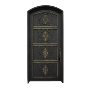 Single arched wrought iron door EL1075 MCD with embossed panel detailing, handcrafted for strength and artistry.