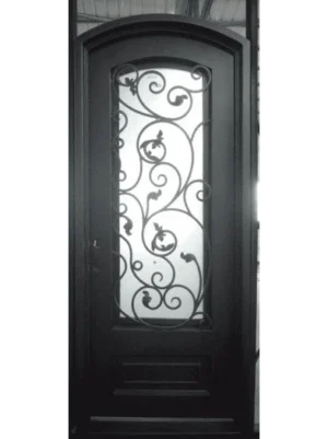 Single arched wrought iron door EL989 MCD with decorative scrollwork, handcrafted for elegance, strength, and lasting beauty.