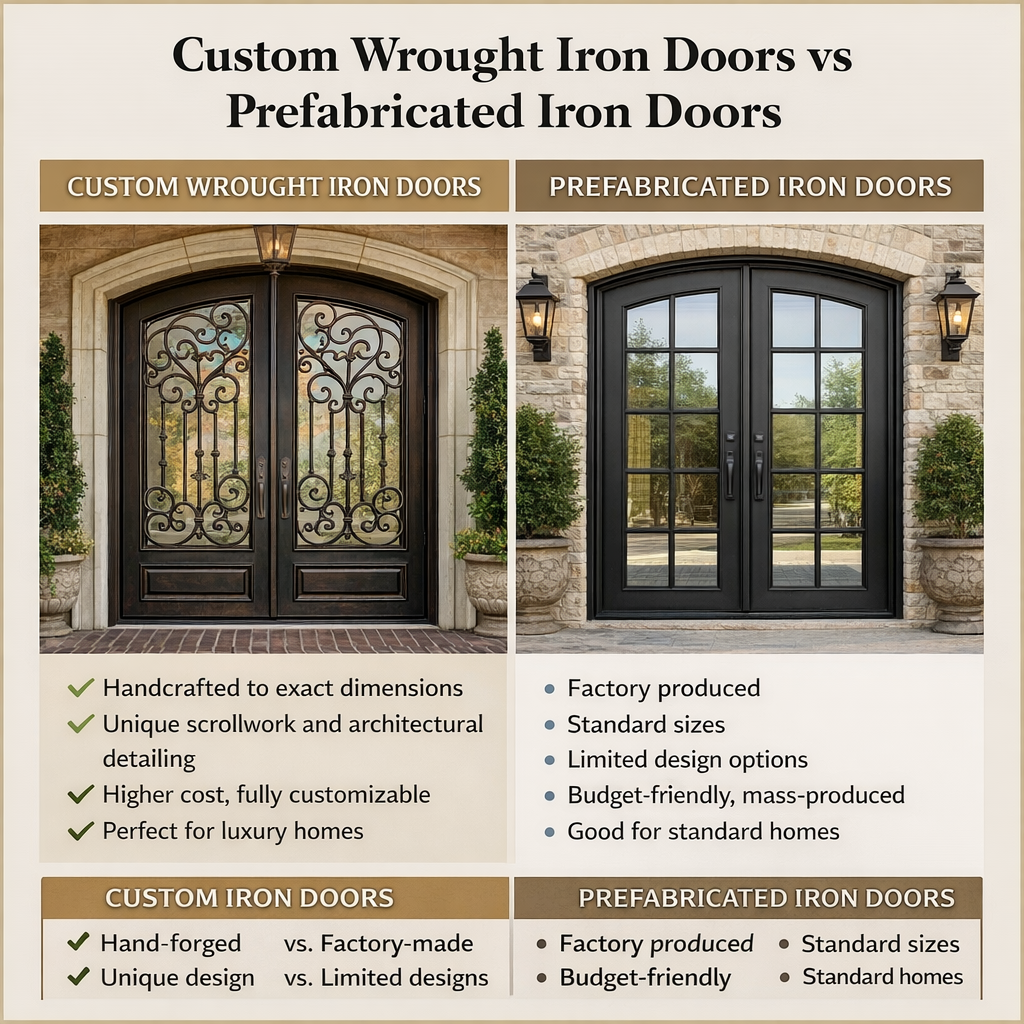 comparison between custom wrought iron doors and prefabricated iron entry doors for residential homes