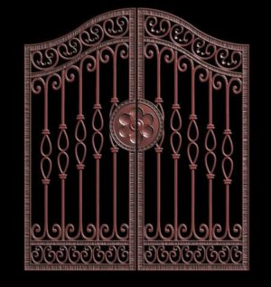 Decorative wrought iron gate with scrollwork and circular center medallion detail G120 MCD