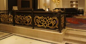 luxury ornate panel wrought iron railing gold accent interior design R110 MCD