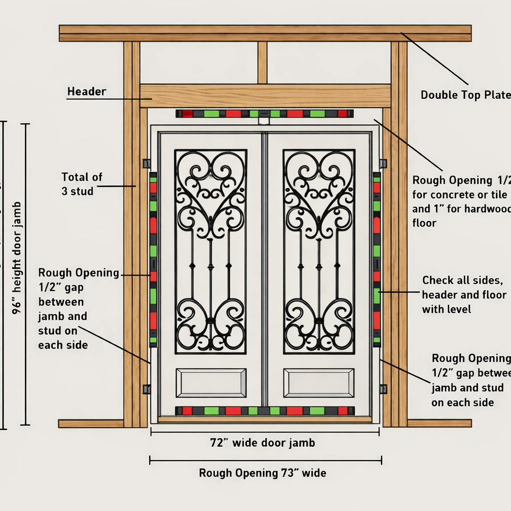 wrought iron double door rough opening installation diagram showing frame measurements and door jamb spacing