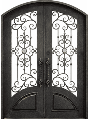 Arched wrought iron door EL1160 MCD with scrollwork and solid lower panels, hand-forged for secure luxury.