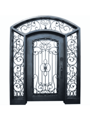 Grand wrought iron door EL1157 MCD with transom and scrollwork, hand-forged for luxury entryways.