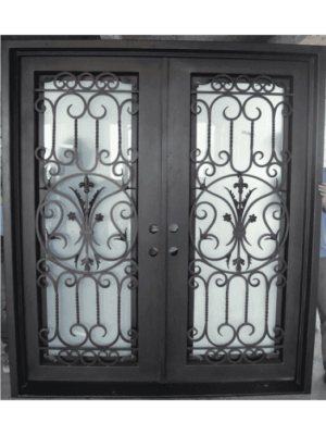 Ornate wrought iron door EL1155 MCD with scrollwork and rosettes, hand-forged for strength and luxury.