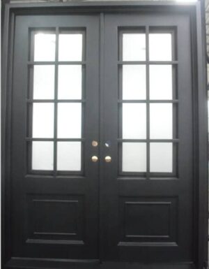 French grid wrought iron door EL1152 MCD with beveled glass panels, hand-forged for strength and elegance.