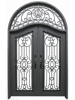 Arched wrought iron door EL1150 MCD with scrollwork and decorative transom, hand-forged for strength and artistry.