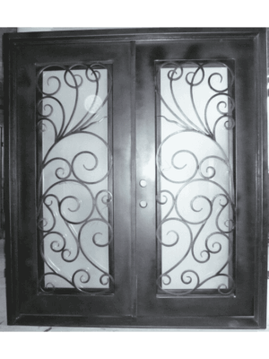 Wrought iron double door EL1151 MCD with flowing scrollwork and patina finish, hand-forged for artistry and strength.