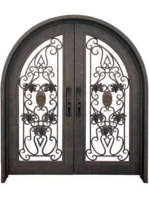Double arched wrought iron door EL1143 MCD with ornate scrollwork and rosettes, handcrafted for strength and luxury entryways.