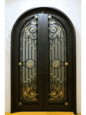 Ornate arched wrought iron door EL1163 MCD with scrollwork, rosettes, and embossed panels, hand-forged for secure artistry.