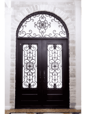 Arched wrought iron door EL1138 MCD with scrollwork, transom, and mullion panels, hand-forged for secure luxury.