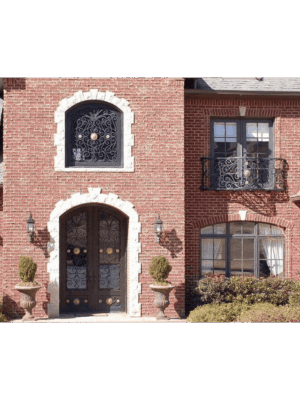 Arched wrought iron door EL1122 MCD with decorative grille and balcony-inspired design, hand-forged for strength and artistry.