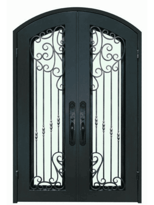 Double wrought iron door EL1120 MCD with eyebrow arch and scrollwork, hand-forged for luxury strength.
