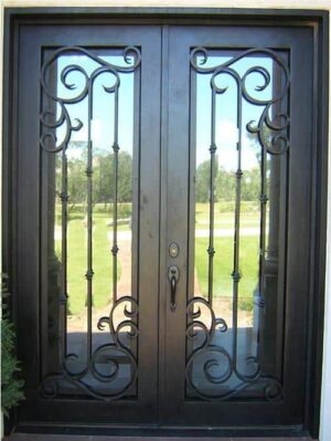 Contemporary double wrought iron door EL1115 MCD with vertical scrolls, hand-forged for strength and modern elegance.