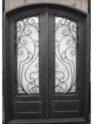 EL2080 MCD arched double wrought iron door with flowing scroll grille and insulated glass panels