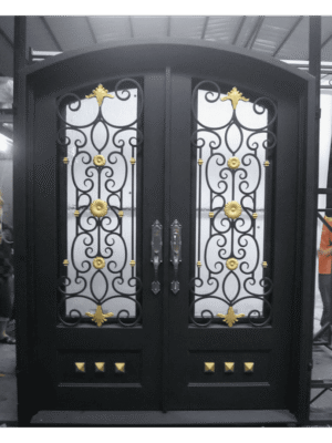 EL2078 MCD double wrought iron door with gold medallion scrollwork and insulated glass panels