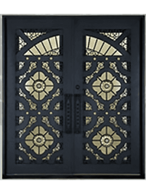 EL5046 MCD double wrought iron door with geometric floral medallion grille and insulated glass panels