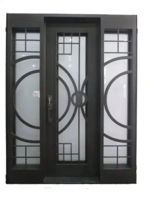EL1006 single wrought iron door – alluring modern luxury design with circular patterns and glass.