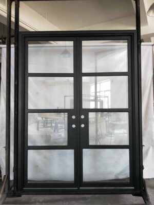 Modern grid wrought iron double door EL1431 MCD with insulated glass and clean mullion design