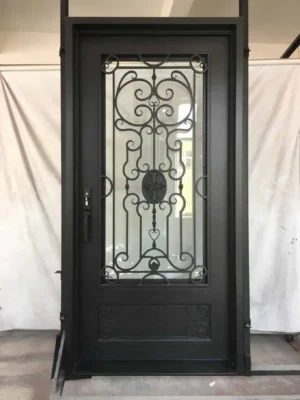 Single wrought iron door EL1018 MCD with central scroll design, handcrafted for elegance, durability, and security.