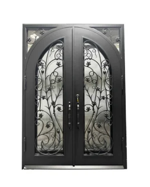 EL1567 MCD full arch wrought iron double door with vine scrollwork and insulated glass panels