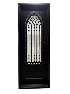 EL1577 MCD Gothic arch wrought iron single door with spear grille and insulated textured glass