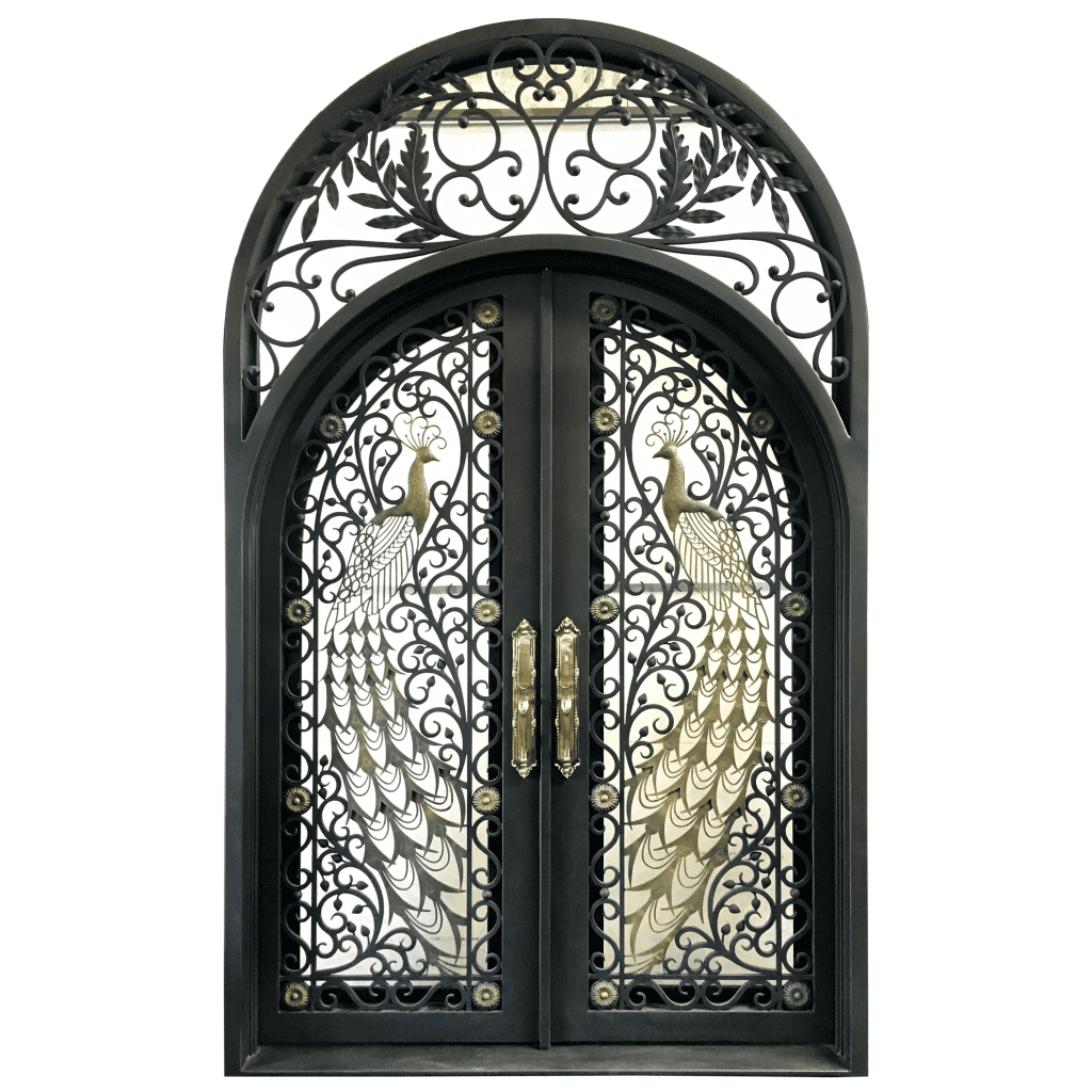 Luxury double wrought iron front door with decorative scrollwork and arched transom showing custom design features that influence