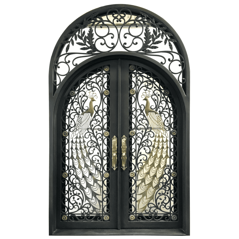 Luxury double wrought iron front door with decorative scrollwork and arched transom showing custom design features that influence
