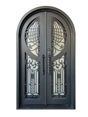 EL1591 MCD arched double wrought iron door with circular grille design and insulated glass panels