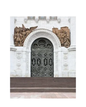 Bronze relief church door EX7001 MCD with arched frame and handcrafted detailing