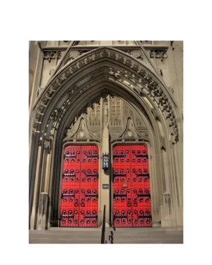 Gothic red wood panel church door EX7003 MCD handcrafted for sacred design