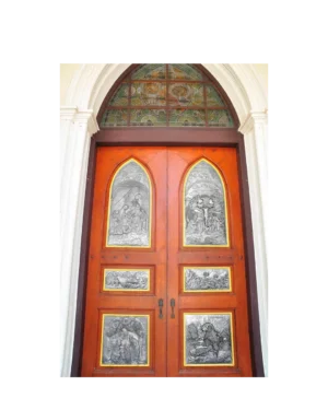 Gothic style sacred wood and metal church door EX7009 MCD with embossed sacred panels and gold framing