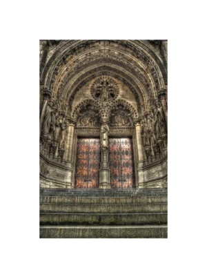 Romanesque carved arch church door EX7018 MCD with stone reliefs and tall panels