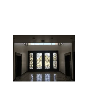 Black wrought iron church door EX7021 MCD with cross scrollwork and glass panels