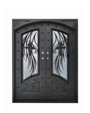 Double wrought iron church door EX7029 MCD with cross scrollwork and arched frame