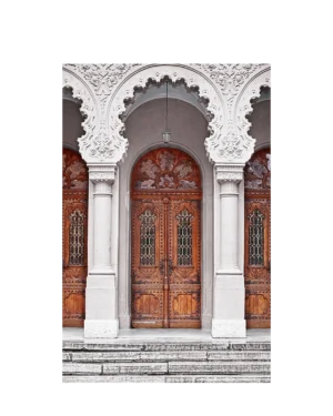 Hand-carved gothic wood church door EX7022 MCD with arched glass panels, ornate detailing, and spiritual design