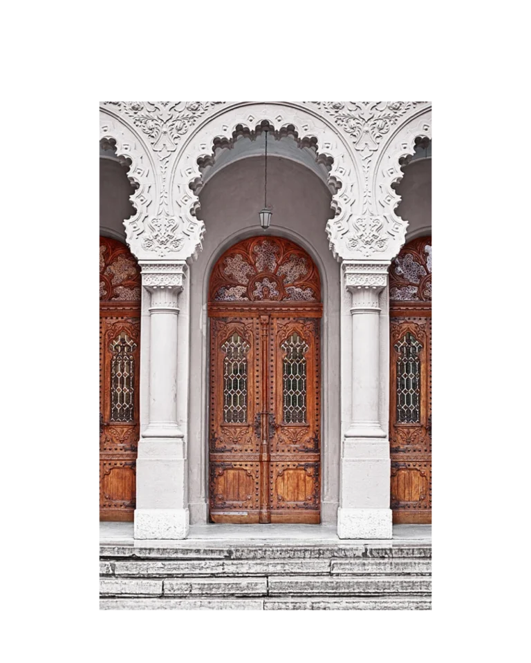 Hand-carved gothic wood church door EX7022 MCD with arched glass panels, ornate detailing, and spiritual design