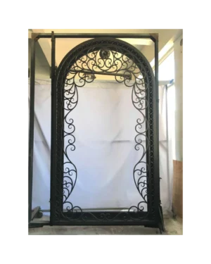 Large arched wrought iron window with ornate scrollwork LW118 MCD Monarch Custom Doors