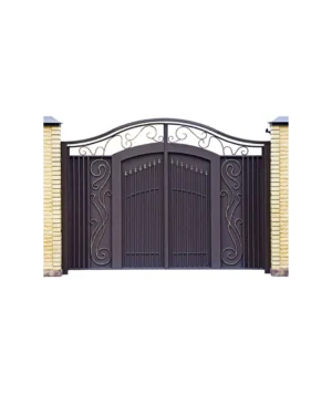 Modern wrought iron gate with privacy panels and decorative scroll accents G148 MCD