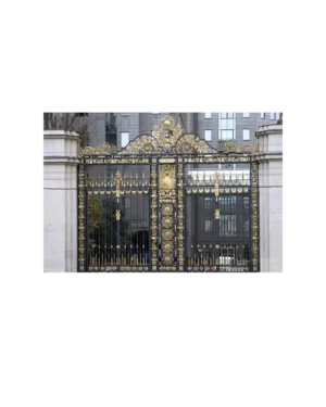 Luxury wrought iron gate with ornate gold detailing and royal crest styling G157 MCD