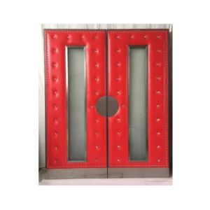 Red leather home theater door with frosted glass panels and metallic trim – HT3016 MCD