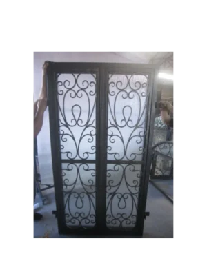 Tall wrought iron window with scrollwork and glass panels LW108 MCD Monarch Custom Doors