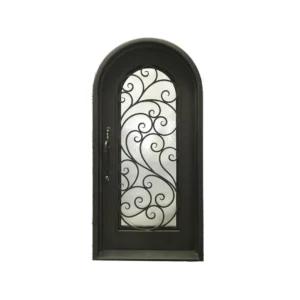 Arched single wrought iron door EL1178 MCD with flowing scrollwork and patina finish, hand-forged for elegance.