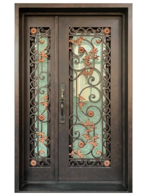 EL1580 MCD single wrought iron door with ornate scroll grille and insulated textured glass panel