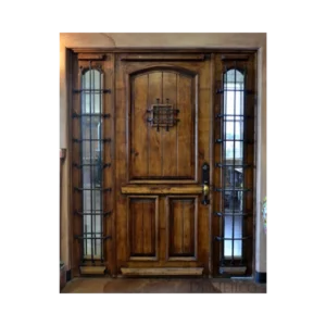 rustic wood entry door iron grille sidelights EH512 MCD