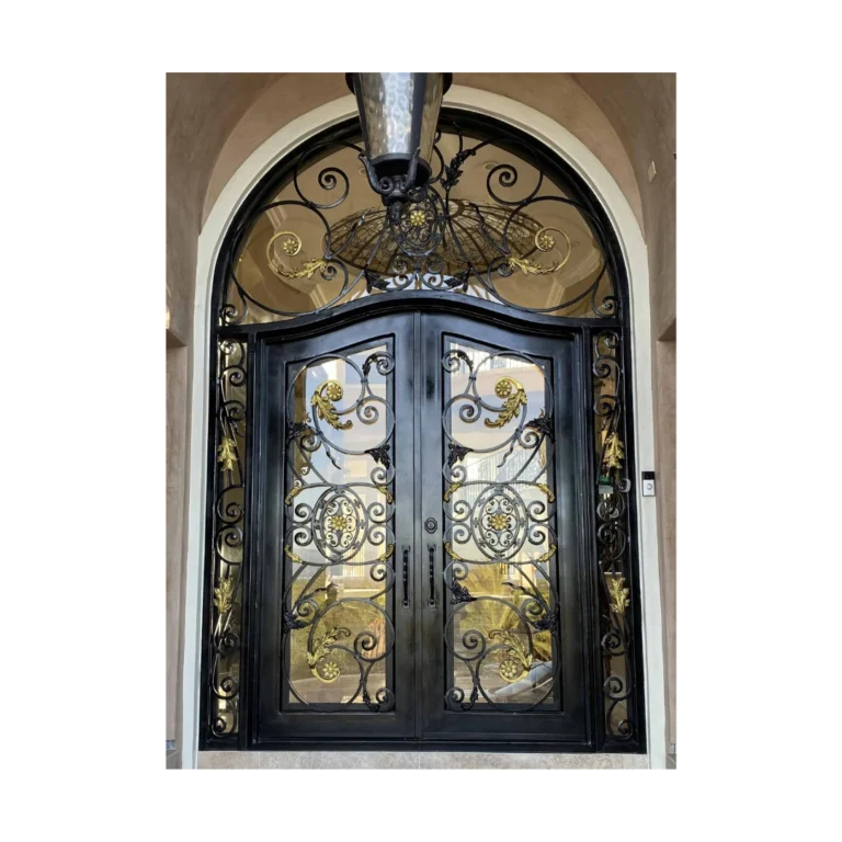 Ornate arched wrought iron double door with gold scrolls – EL1251 MCD